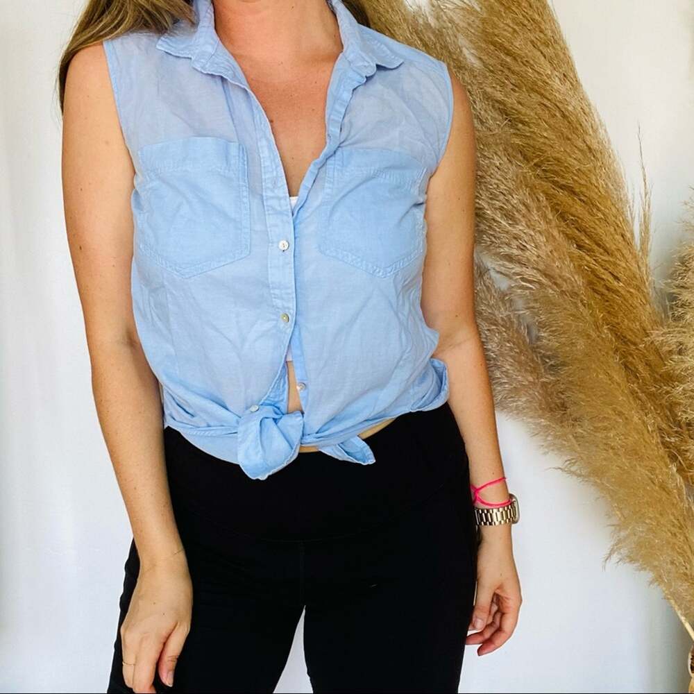 VINTAGE H&M Light Baby Blue Tank Top White Button Down Summer Blouse Shirt 8